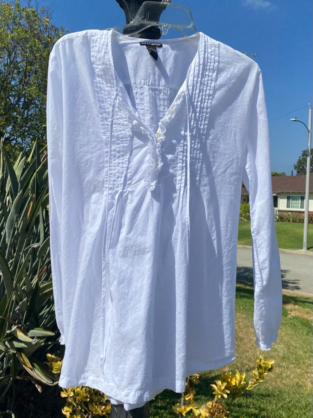 Lucky Brand White Cotton Pintuck Peasant Tunic Blouse Size Large